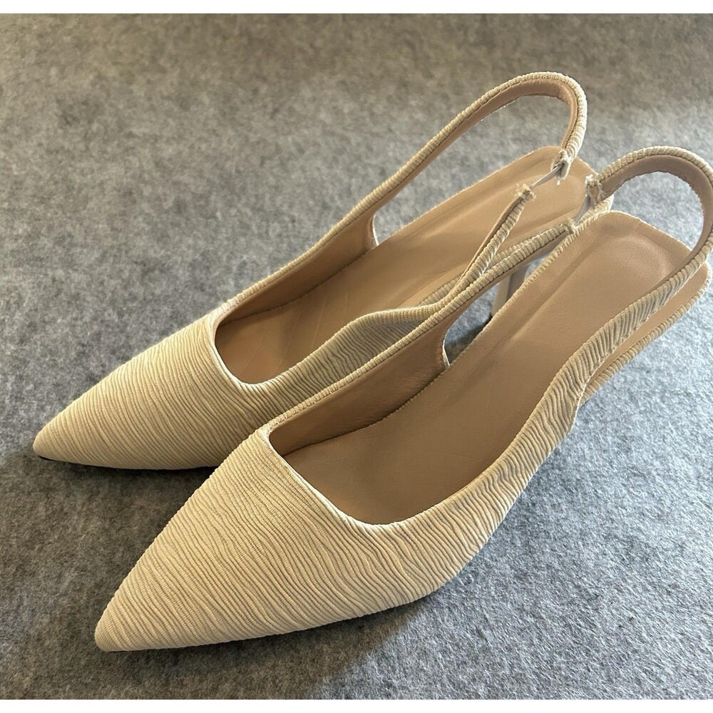 Cream Textured Fabric Slingback Kitten Heel Pumps 7 (37) Elegant Wedding Party